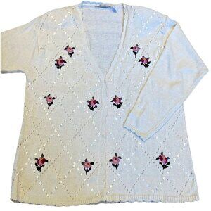 Morsly Embroidered Cardigan Sweater Women’s M Ivory Floral Ribbons Cottagecore
